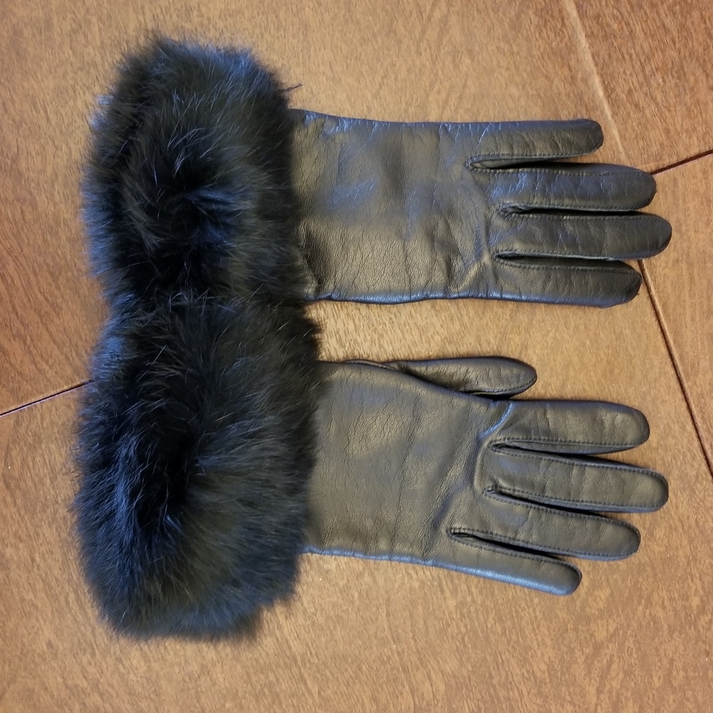 Grandoe Black Leather Faux Fur Cuff Gloves size 6.5